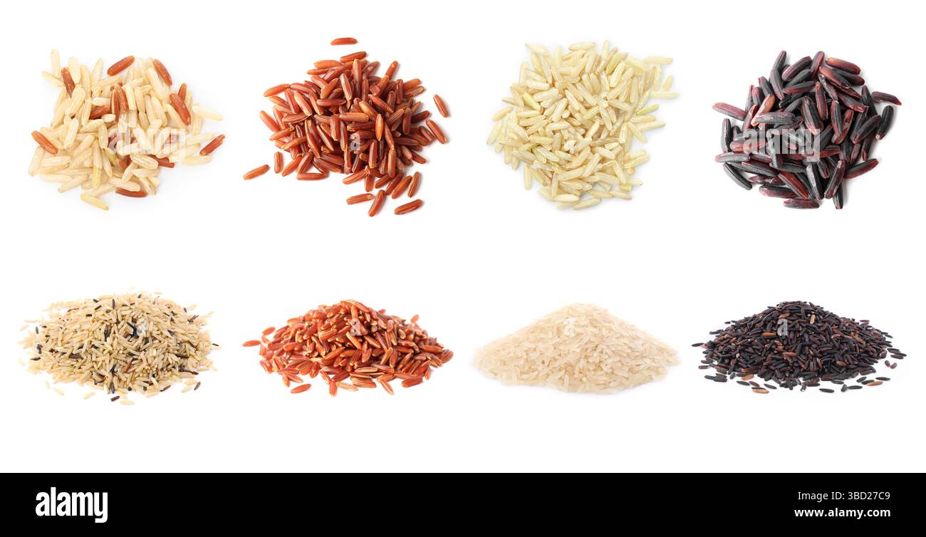 Brown and other types of rice isolated on white, collage. Top and side ...