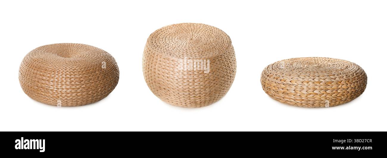 Straw poufs isolated on white, collage. Interior element Stock Photo