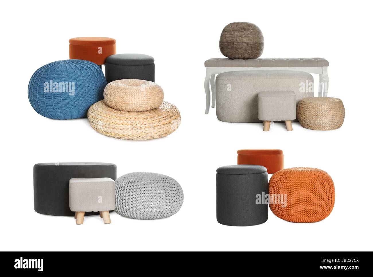 Different poufs isolated on white, collage. Interior element Stock Photo