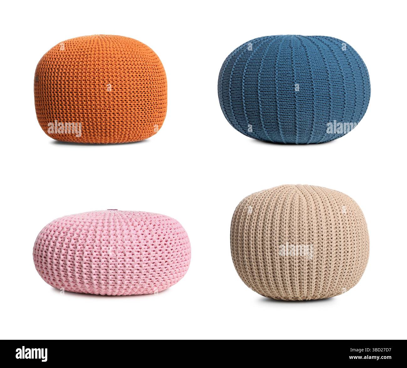 Different knitted poufs isolated on white, collage. Interior element Stock Photo