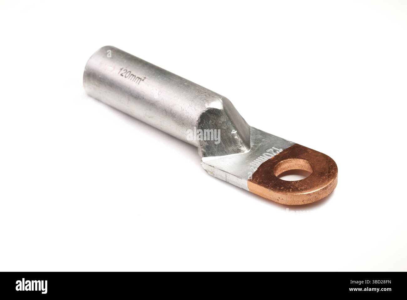 Silver Aluminum Electrical Terminal with Copper Plated Lug for 120mm² Cable on White Background Stock Photo