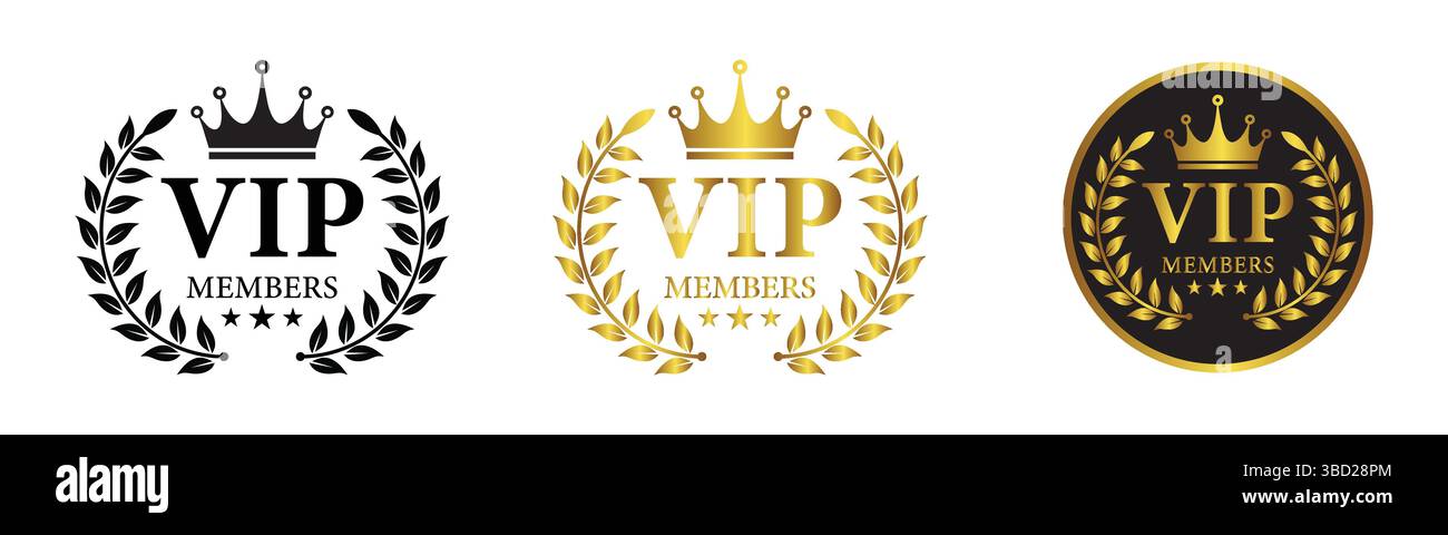 VIP Member Crown Badge Icon Set with Laurel Wreath Design on White Background Stock Vector