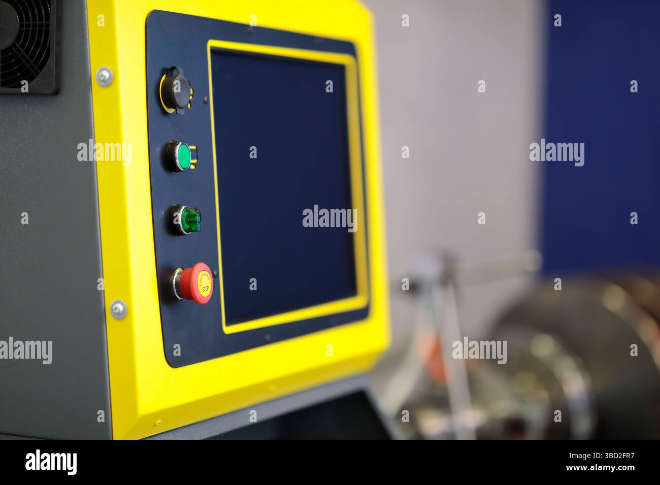 Touch screen control console of industrial automated equipment. Selective focus. Stock Photo