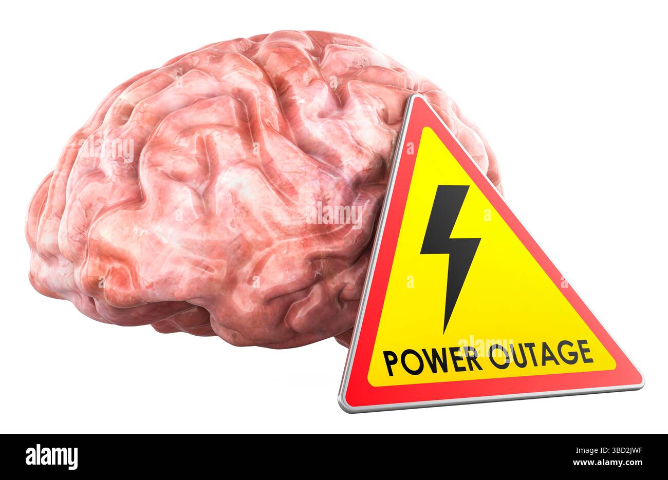 Power Outage in the Brain, concept. Human brain with triangular warning sign labeled POWER OUTAGE. 3D rendering isolated on white background Stock Photo