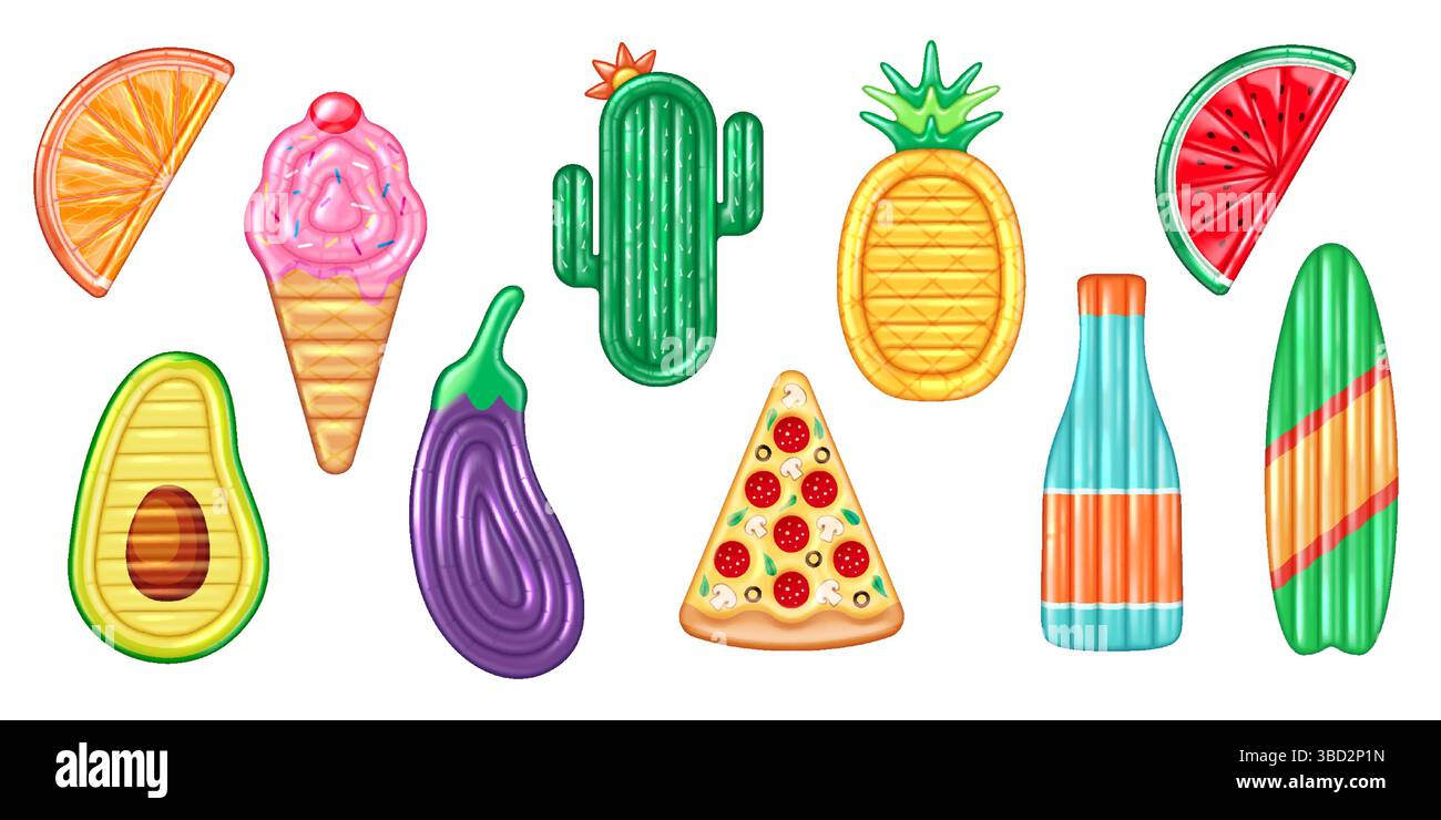 Set of colorful inflatable pool floats in fun shapes like ice cream and orange slice. Bright and playful design for summer pool parties. Isolated on w Stock Vector