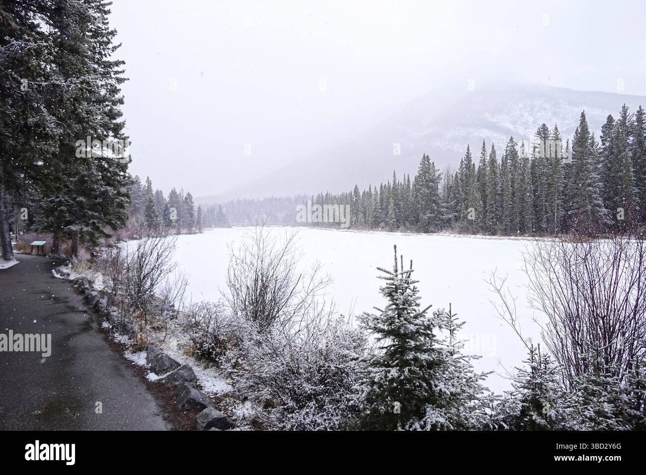 Frozen Bow River in Banff Canada Stock Photo