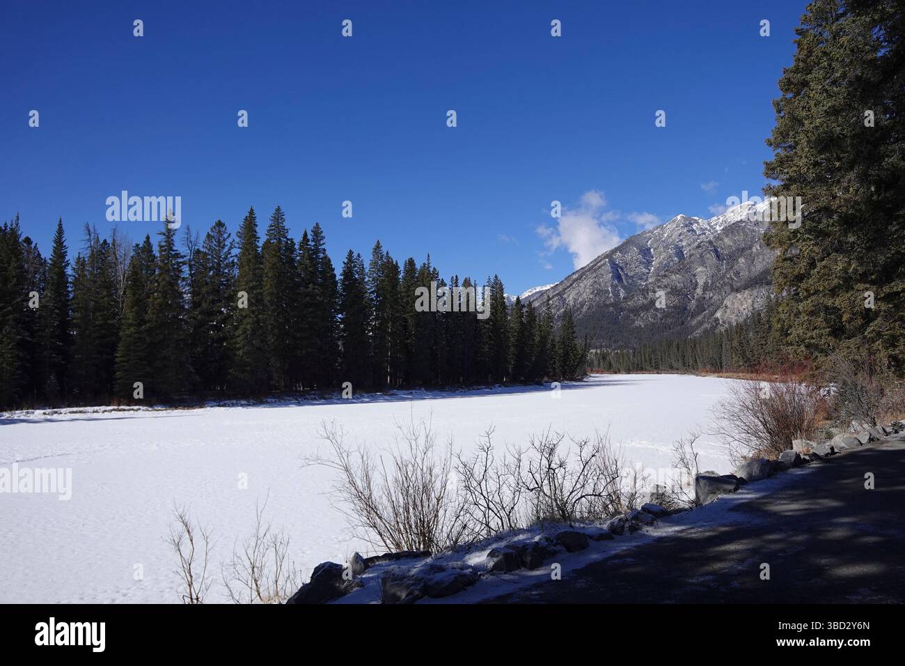 Frozen Bow River in Banff Canada Stock Photo