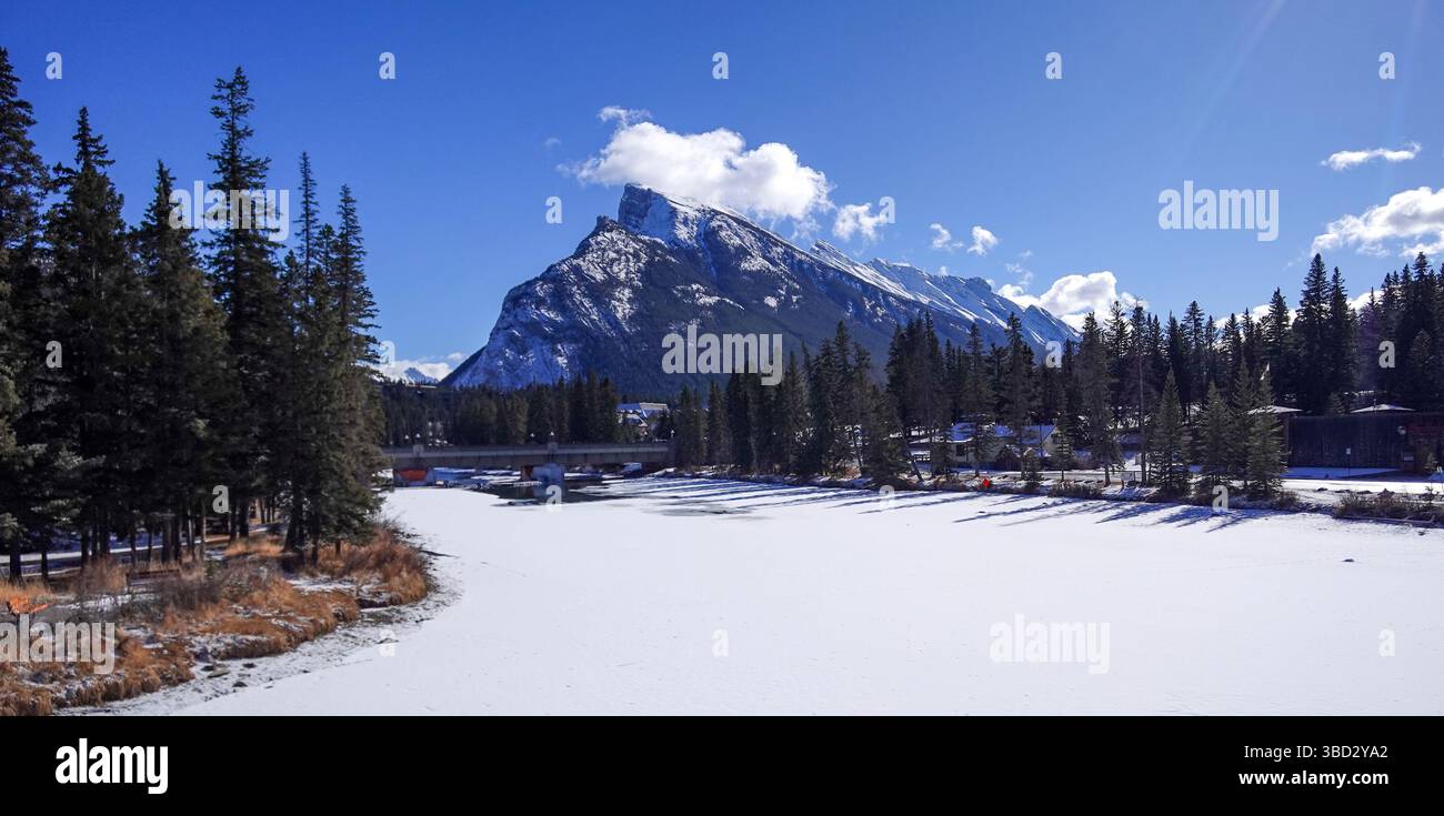 Frozen Bow River in Banff Canada Stock Photo