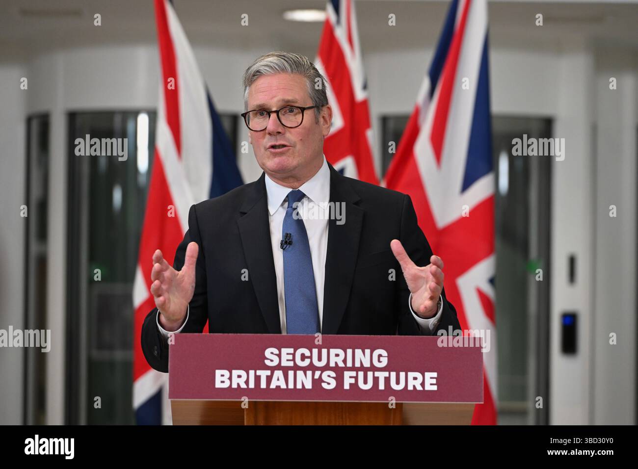 Prime Minister Sir Keir Starmer speaks to the media at Strategic Command Headquarters, in Northwood, Greater London. A judge has cleared the way for the Government to sign its deal over the Chagos Islands after discharging a High Court injunction which blocked the end of negotiations. The deal, which would see Britain give up sovereignty of the island territory to Mauritius and lease back a crucial military base there, was due to be signed on Thursday morning but was temporarily blocked by an injunction hours before. Picture date: Thursday May 22, 2025. Stock Photo