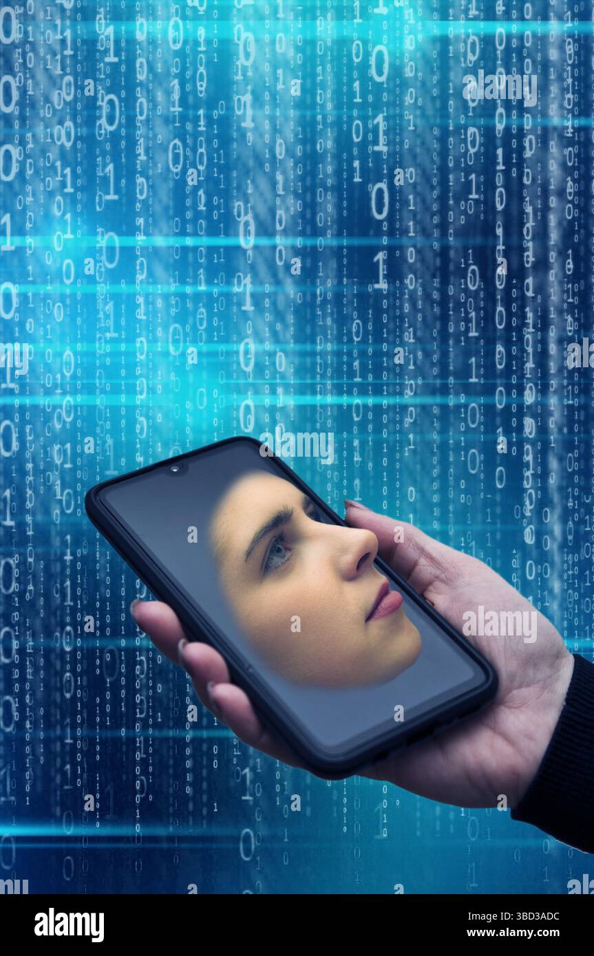 hand holding a smartphone with a digital assistent Stock Photo