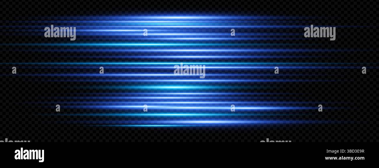 Futuristic blue laser beam with glowing flare and electric streaks. Fast horizontal motion effect on dark abstract background. Bright digital light burst vector for tech or fantasy design themes. Stock Vector