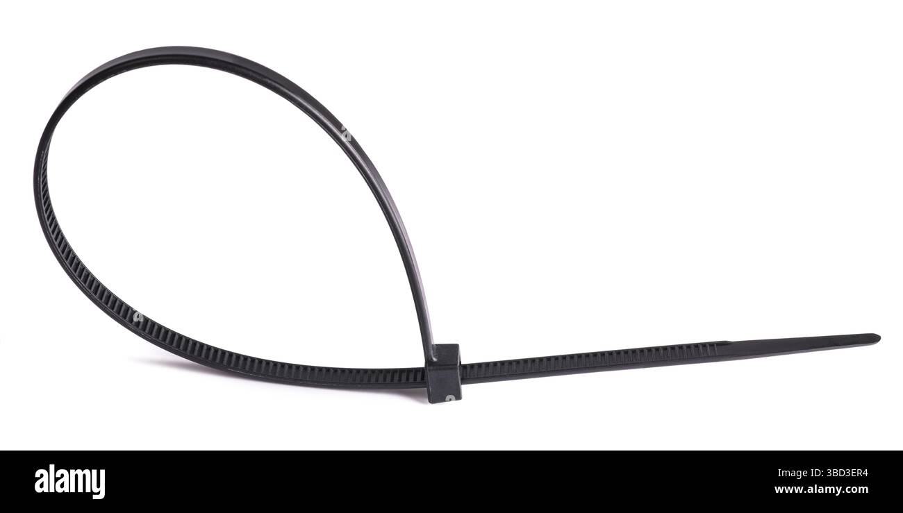 Black plastic cable ties isolated on white Stock Photo