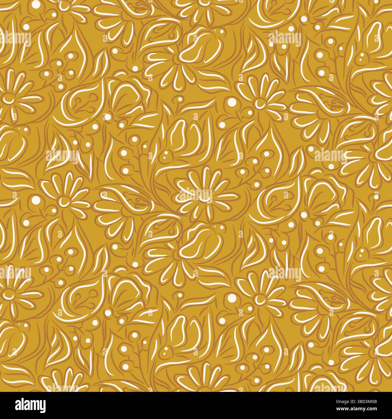 Floral pattern background with meadow outline ditsy flowers. Yellow backdrop and white daisy bouquets. Stock Vector