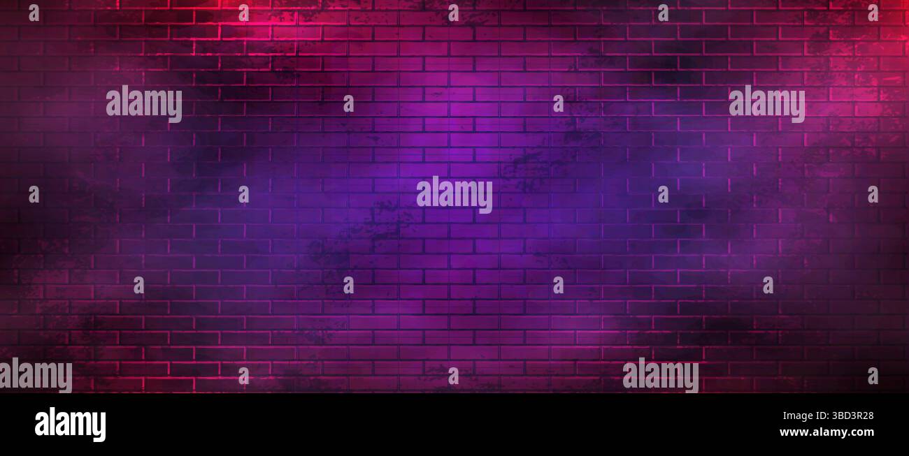Cyber Neon Brick Wall Panorama. Retro Cyberpunk Background. Stock Vector
