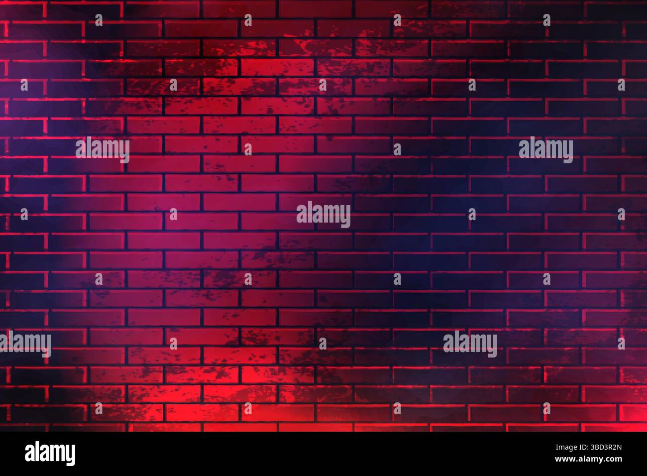 Dark Neon Brick Wall Background. Brickwall pattern with a cyber lightning. Stock Vector