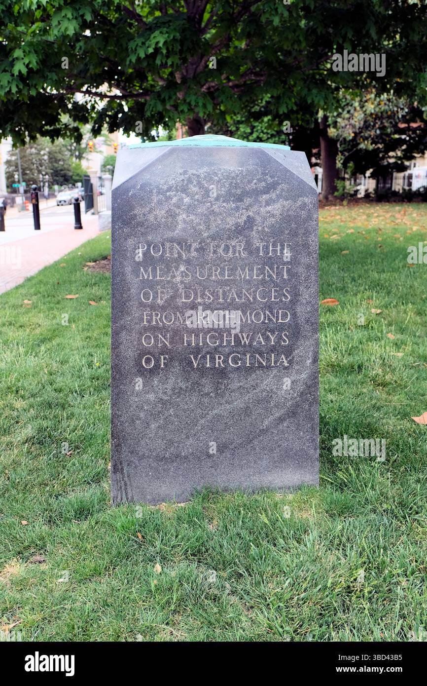 Zero Milestone stone marker at Capitol Square in Richmond, Virginia; point for measurement of distances from Richmond to other cities in the state. Stock Photo