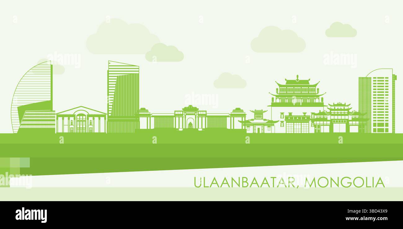 Green Skyline panorama of city of Ulaanbaatar, Mongolia - vector illustration Stock Vector