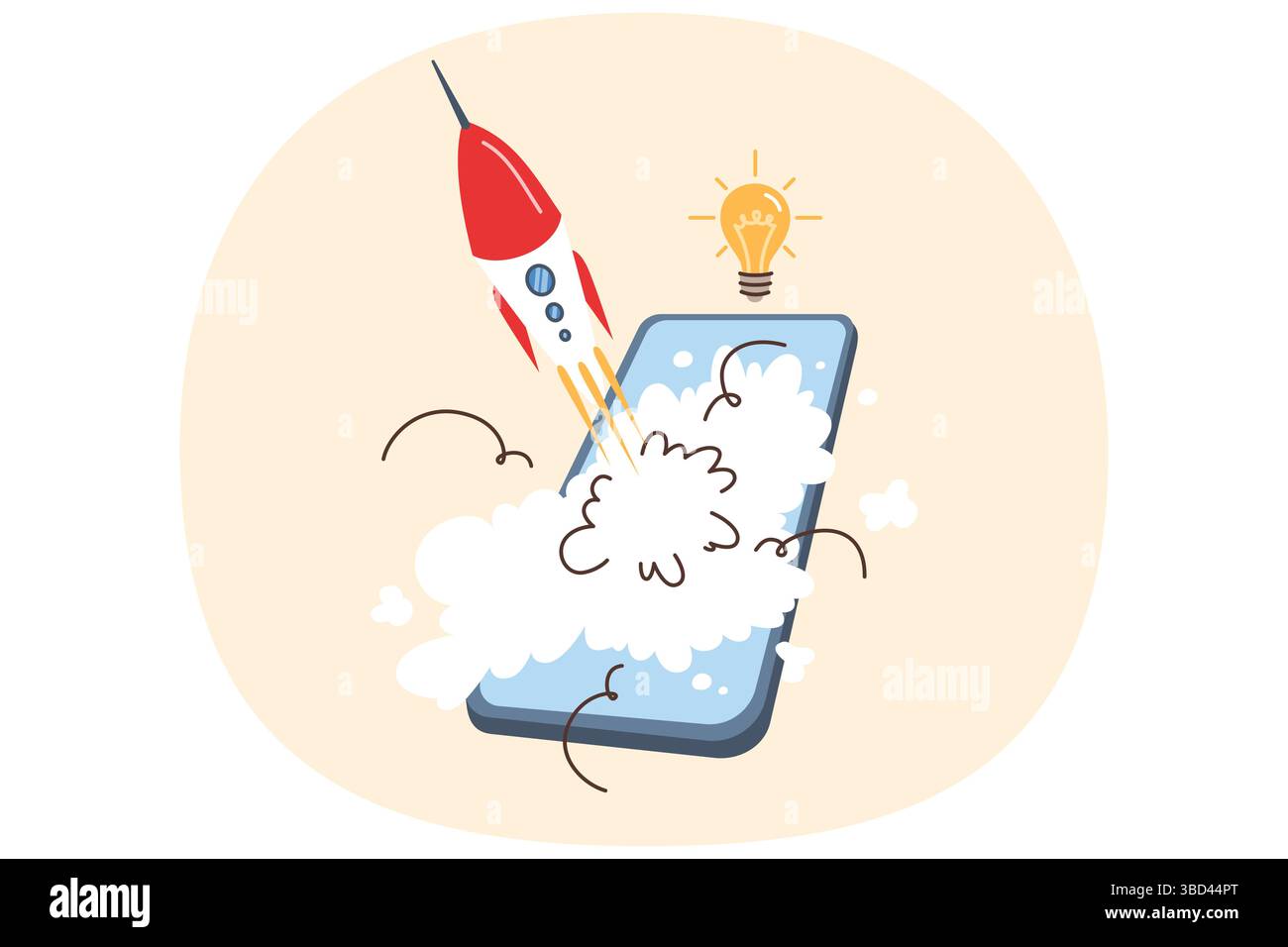 Mobile phone with rocket launch, metaphor for new startup with application for smartphone users Stock Vector