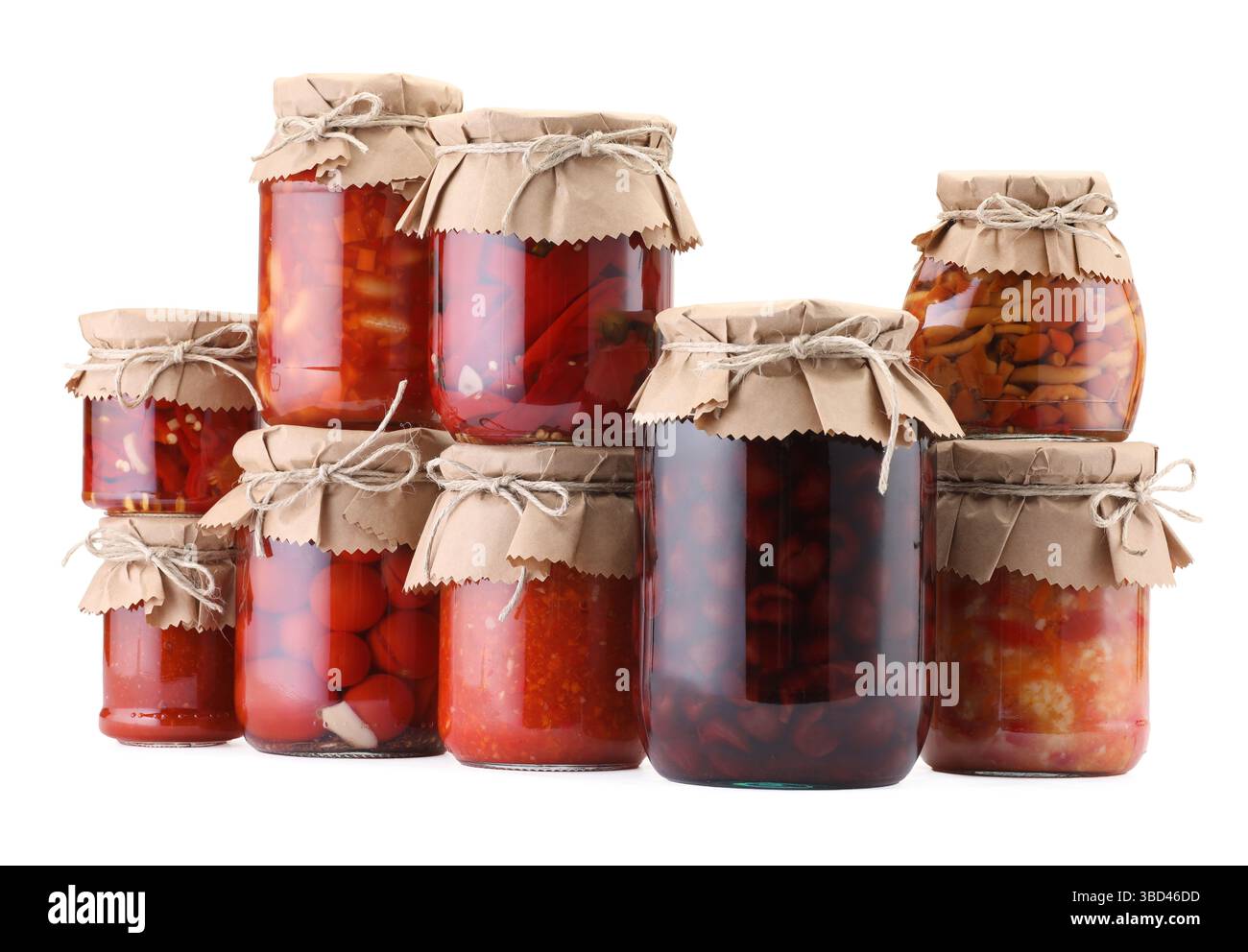 Many jars with different pickled products isolated on white Stock Photo