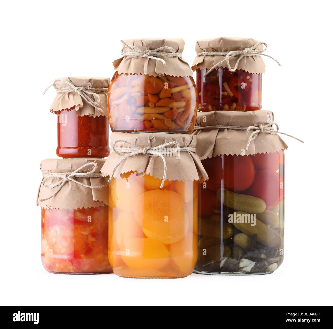Many jars with different pickled products isolated on white Stock Photo