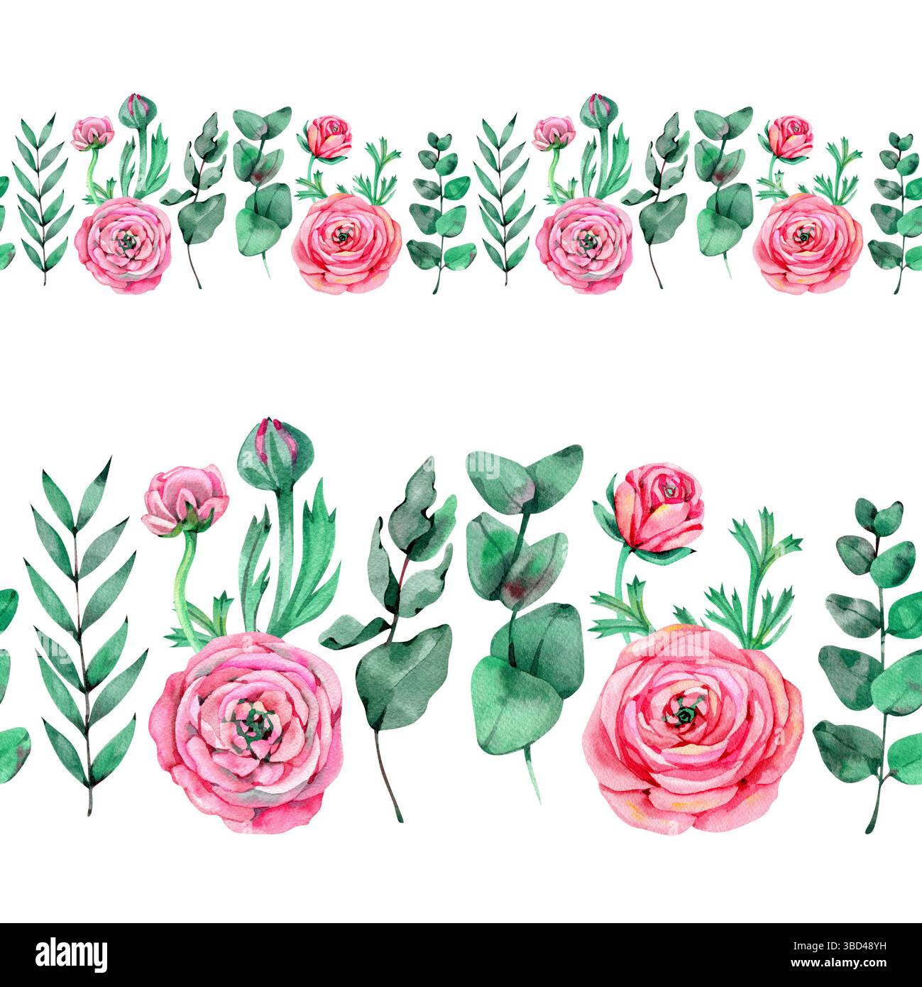 Watercolor seamless border, of Floral Ranunculus and Eucalyptus ...