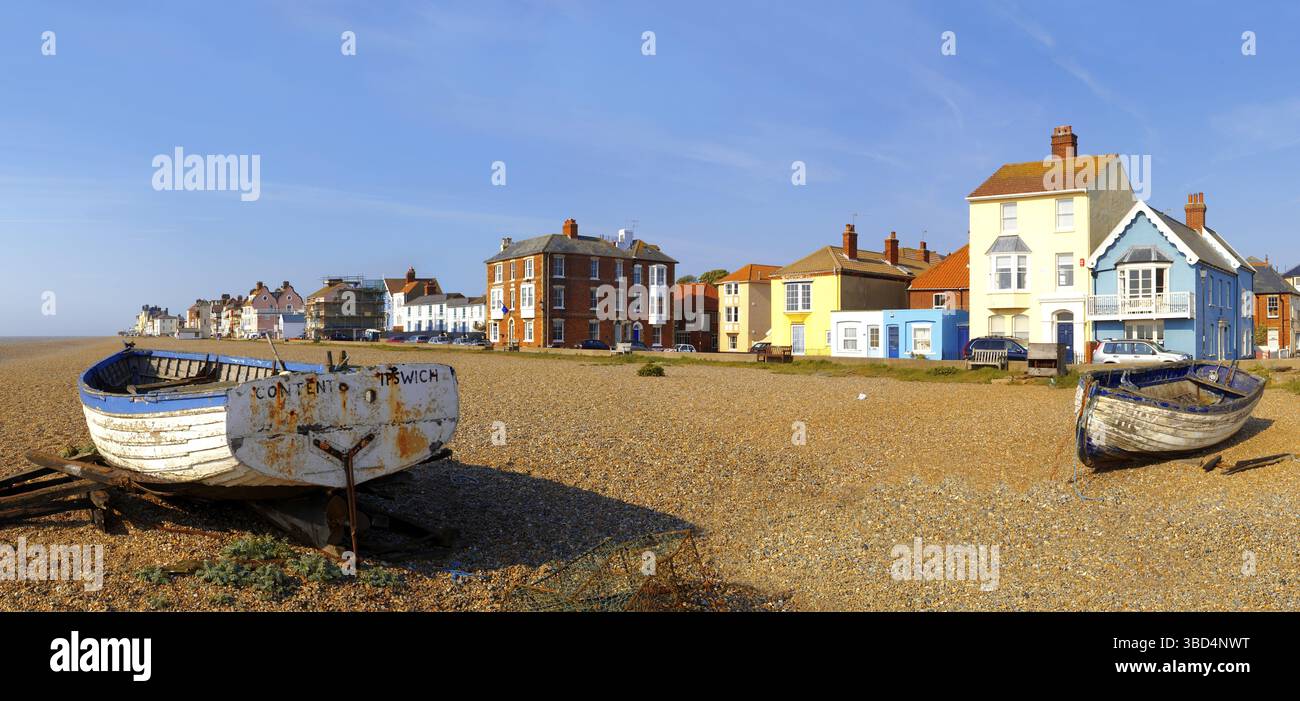 Sea front houses and shingle beach of Aldeburgh, Suffolk, England, United Kingdom, Europe Stock Photo