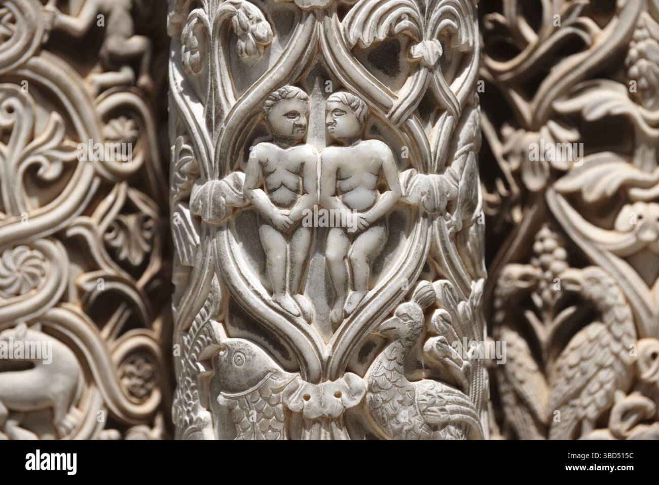 Adam and Eve sculpted in the medieval columns of the cloisters of ...