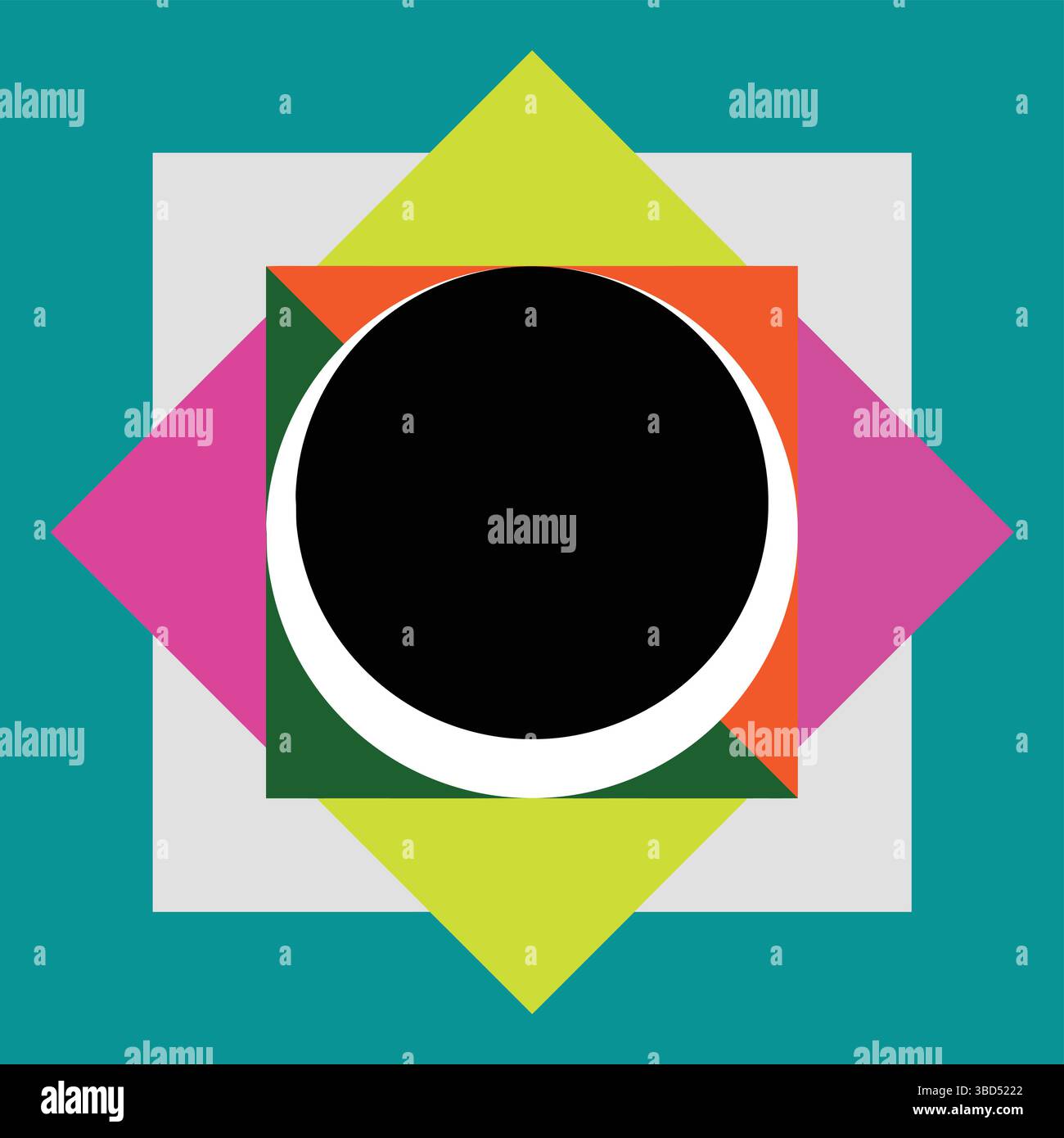 Abstract Geometric Vector, Black Circle Center, Colorful Layered Squares, Modern Digital Art Stock Vector