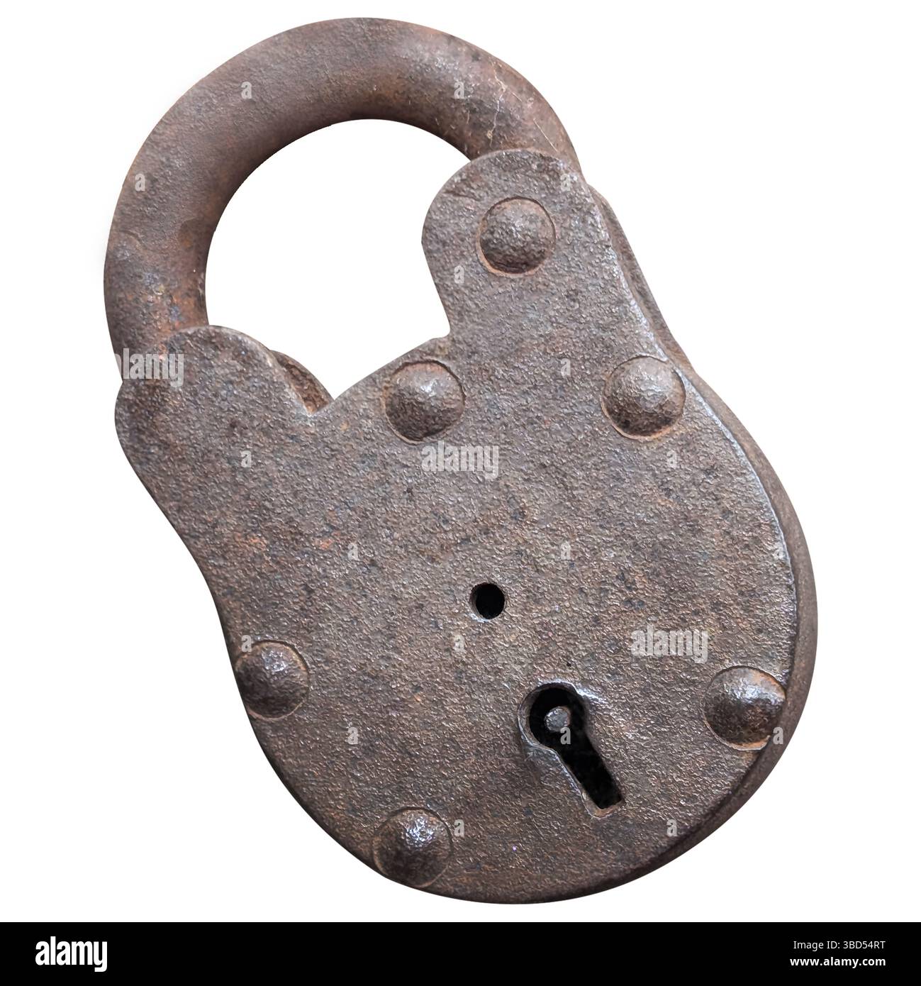 Old rusted antique metal padlock isolated on a white background Stock Photo