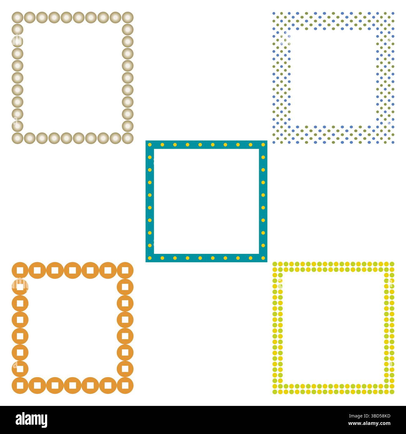 Bright dotted frames. Multicolored square borders. Round and square elements. Decorative geometric layout. Stock Vector