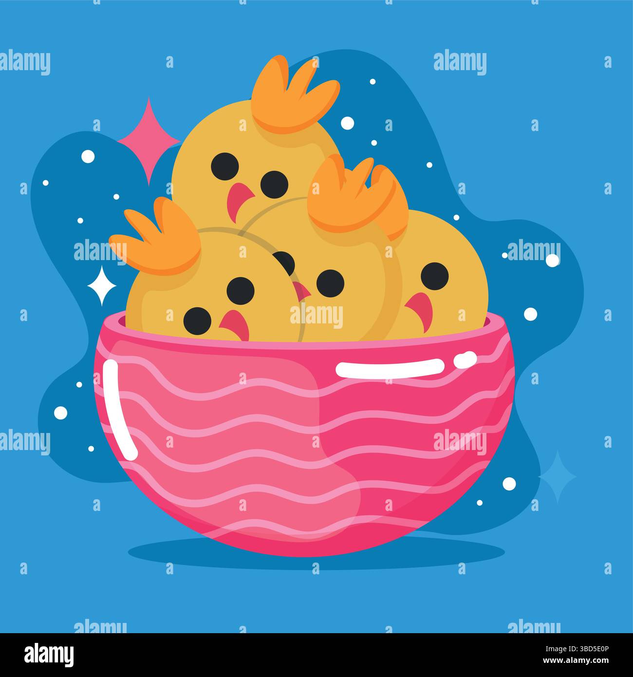 Chicks gathered in pink bowl. Vector Stock Vector