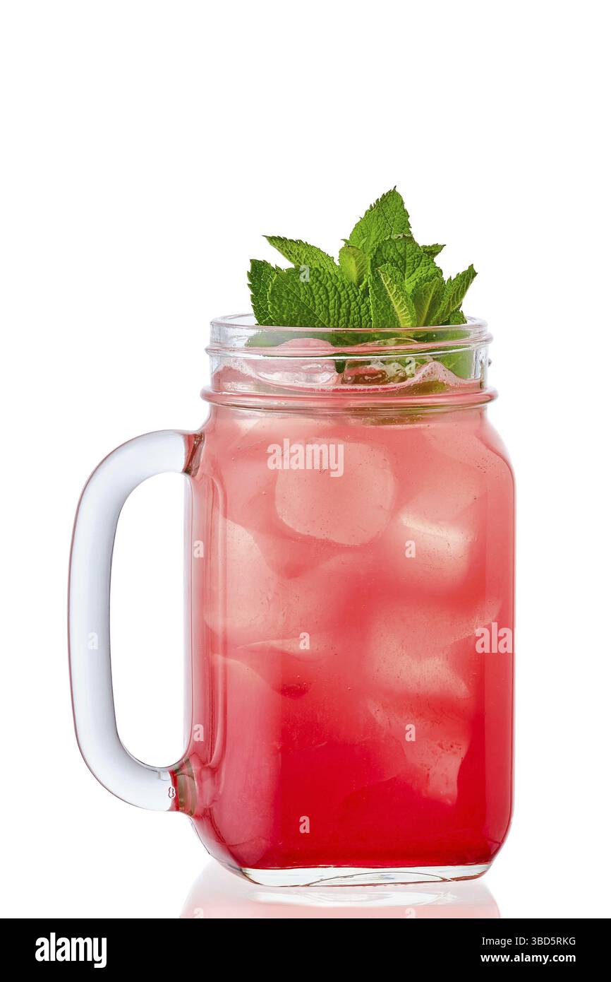 Cold strawberry lemonade in mason jar isolated on white background Stock Photo
