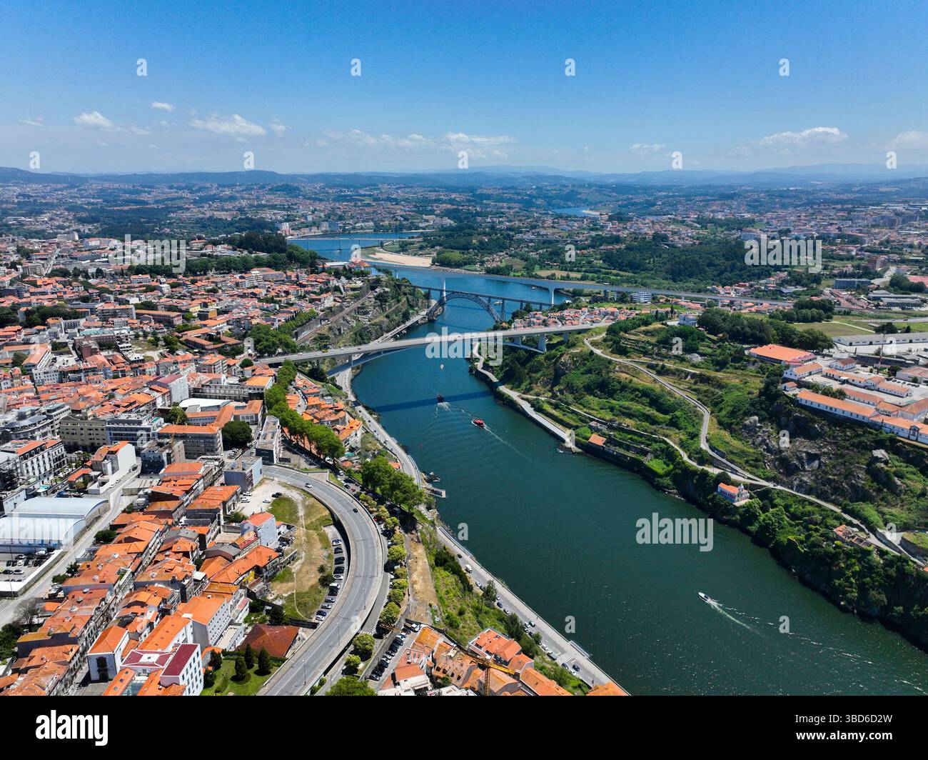 Multiple Brdiges Drone view showing multiple bridges over Douro River heading inland ...