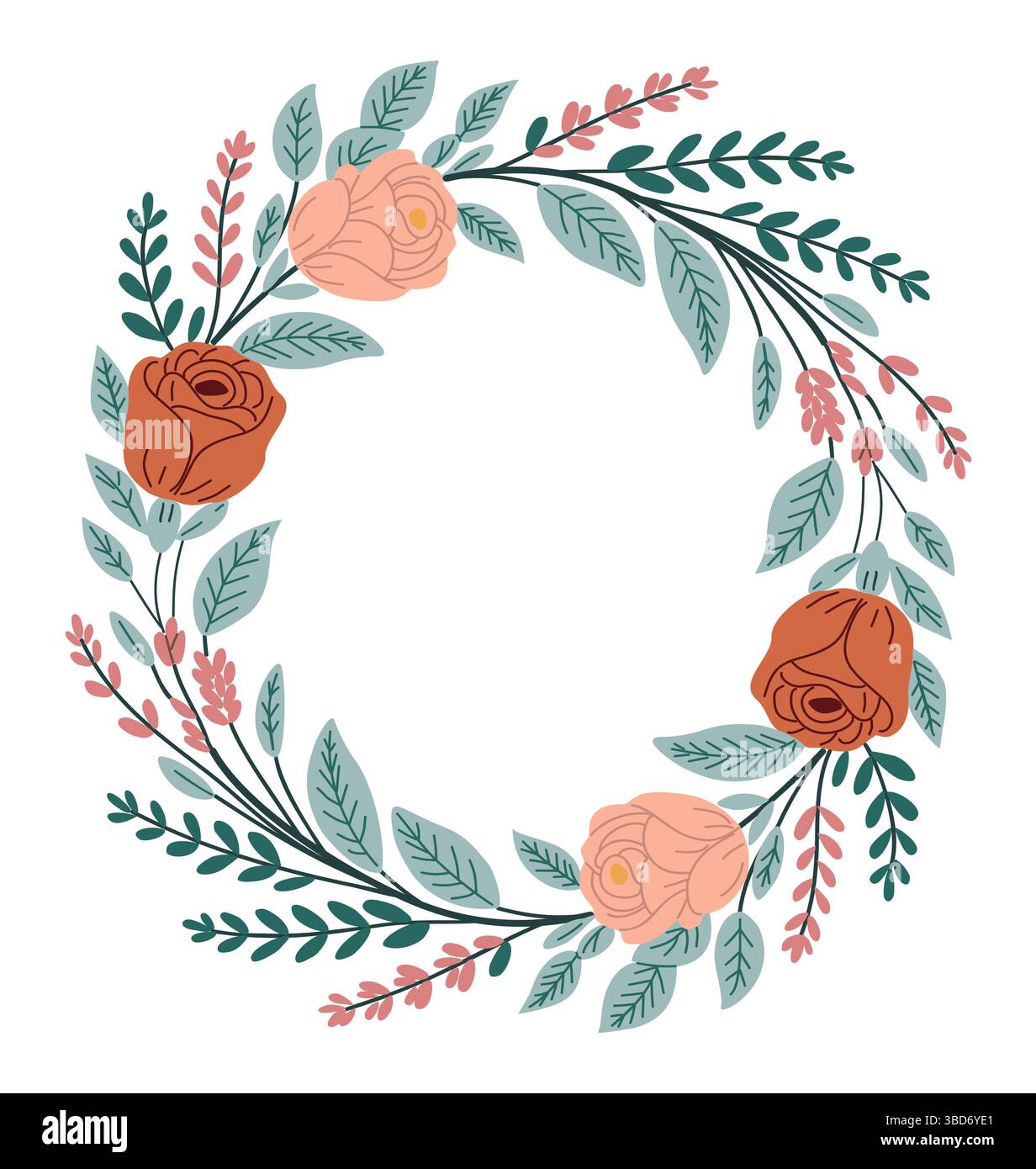 Colorful floral wreath with rose, wild flowers Stock Vector