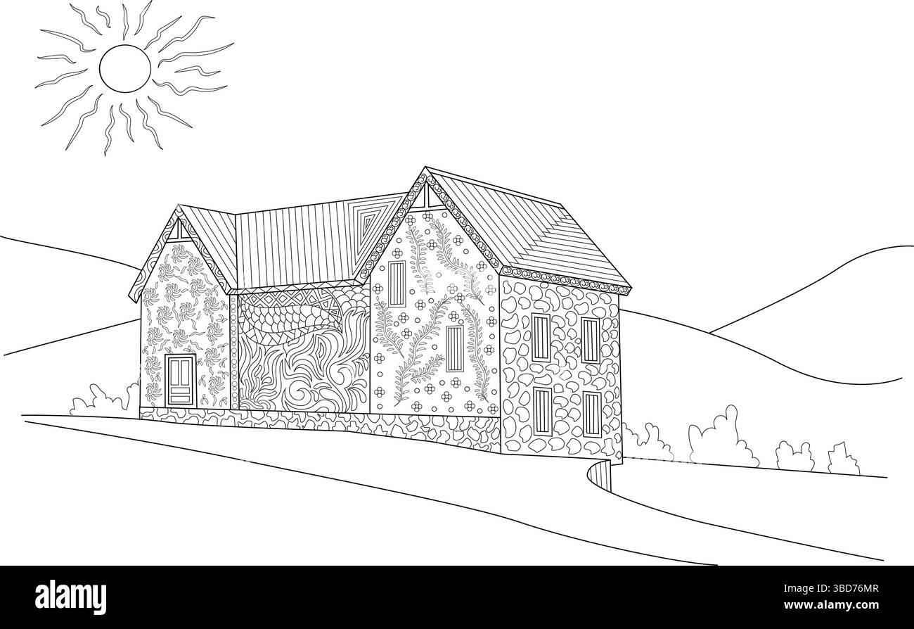 Black and white line drawing illustration of a traditional house ...