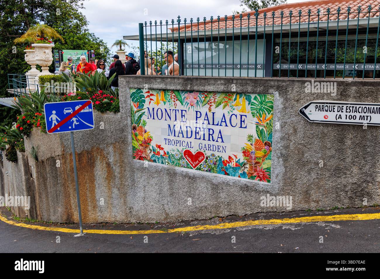 Funchal, Portugal - June 12, 2024: Sign next to entrance to Monte Palace - Tropical Garden in Funchal city, capital of Madeira Island Stock Photo
