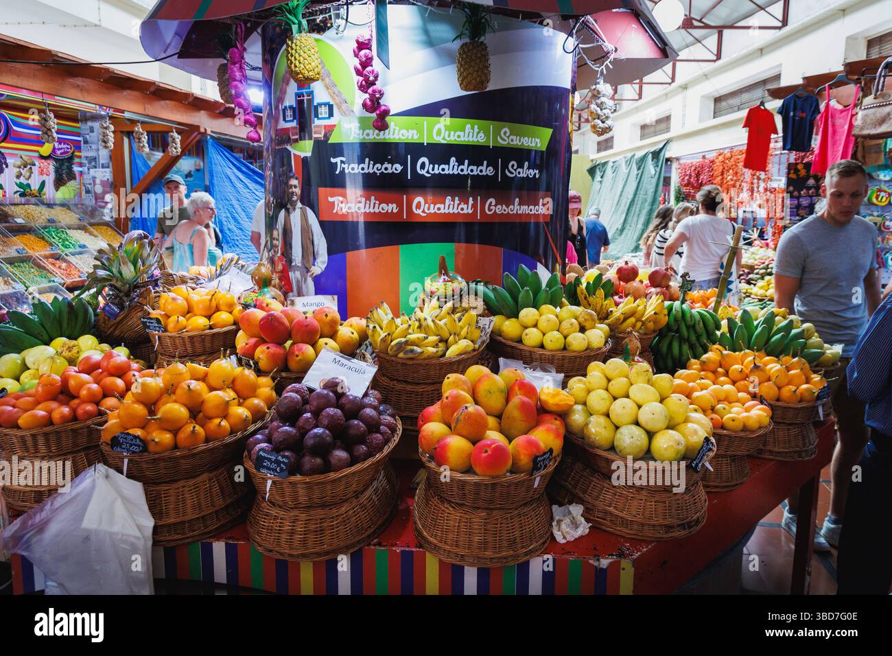 Funchal, Portugal - June 12, 2024: Fruits on Mercado dos Lavradores Farmers Market in Funchal city, capital of Madeira Island Stock Photo