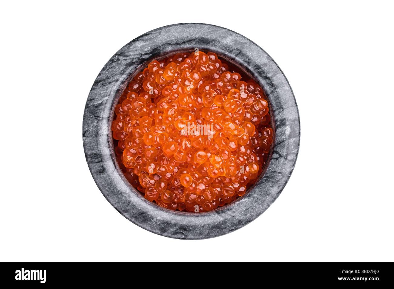 Exquisite salmon roe, vibrant and rich, ideal for adding a touch of elegance to your culinary creations. isolated on white background. top view. Stock Photo