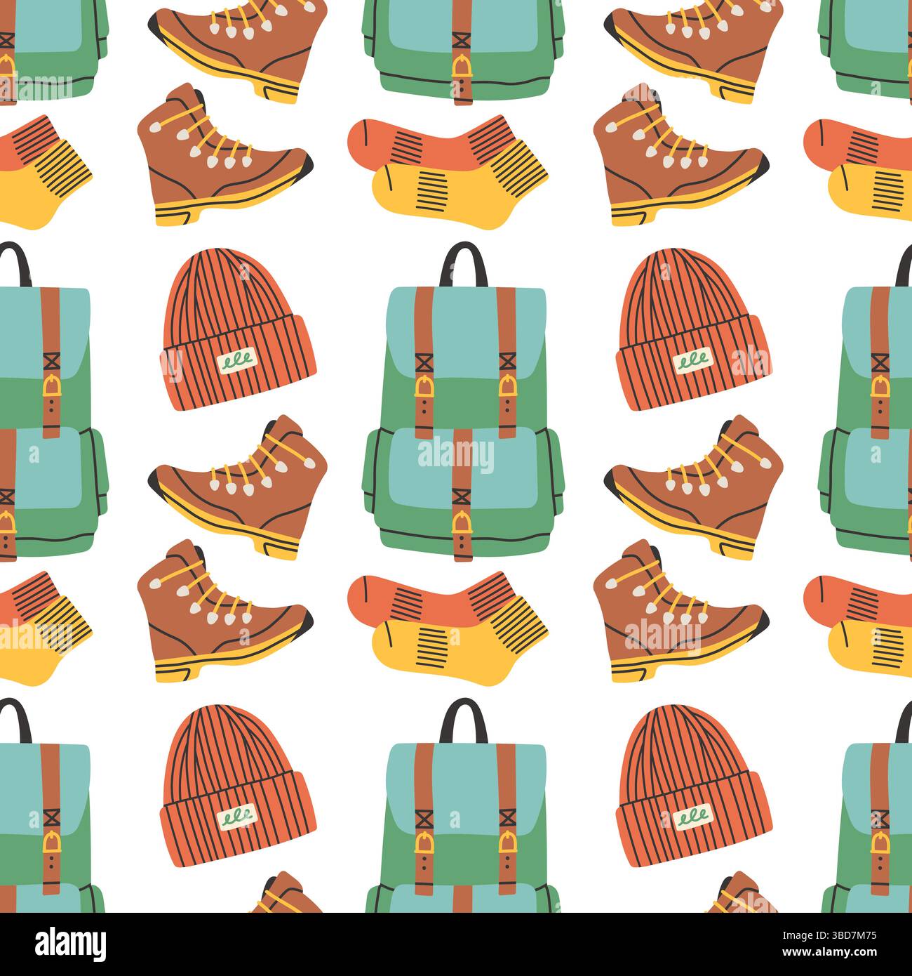 Seamless pattern with camping elements on white background. Colorful vector flat style. Hand drawn design for fabric, print, wrapper, textile Stock Vector