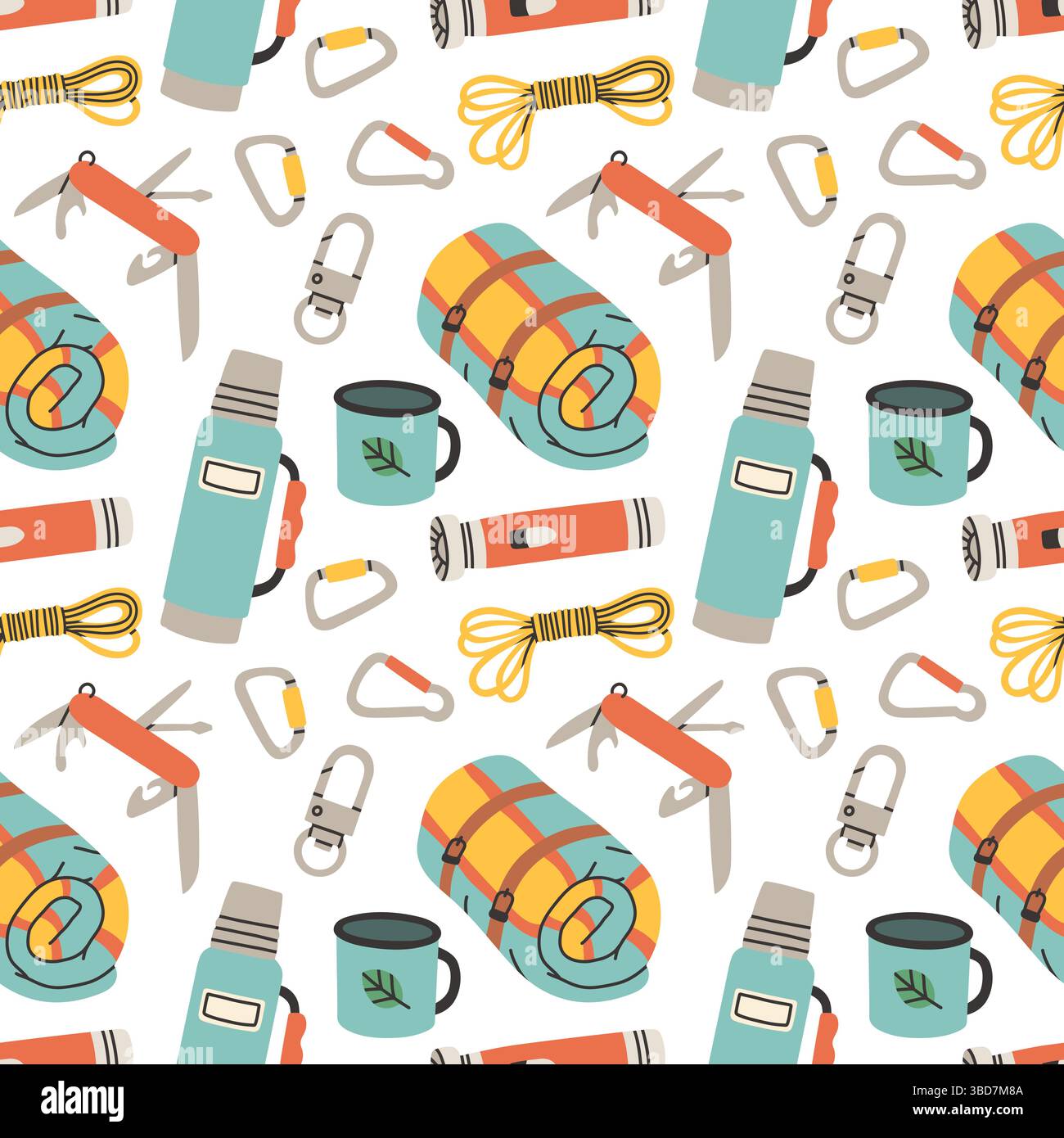 Seamless pattern with camping elements on white background. Colorful vector flat style. Hand drawn design for fabric, print, wrapper, textile Stock Vector