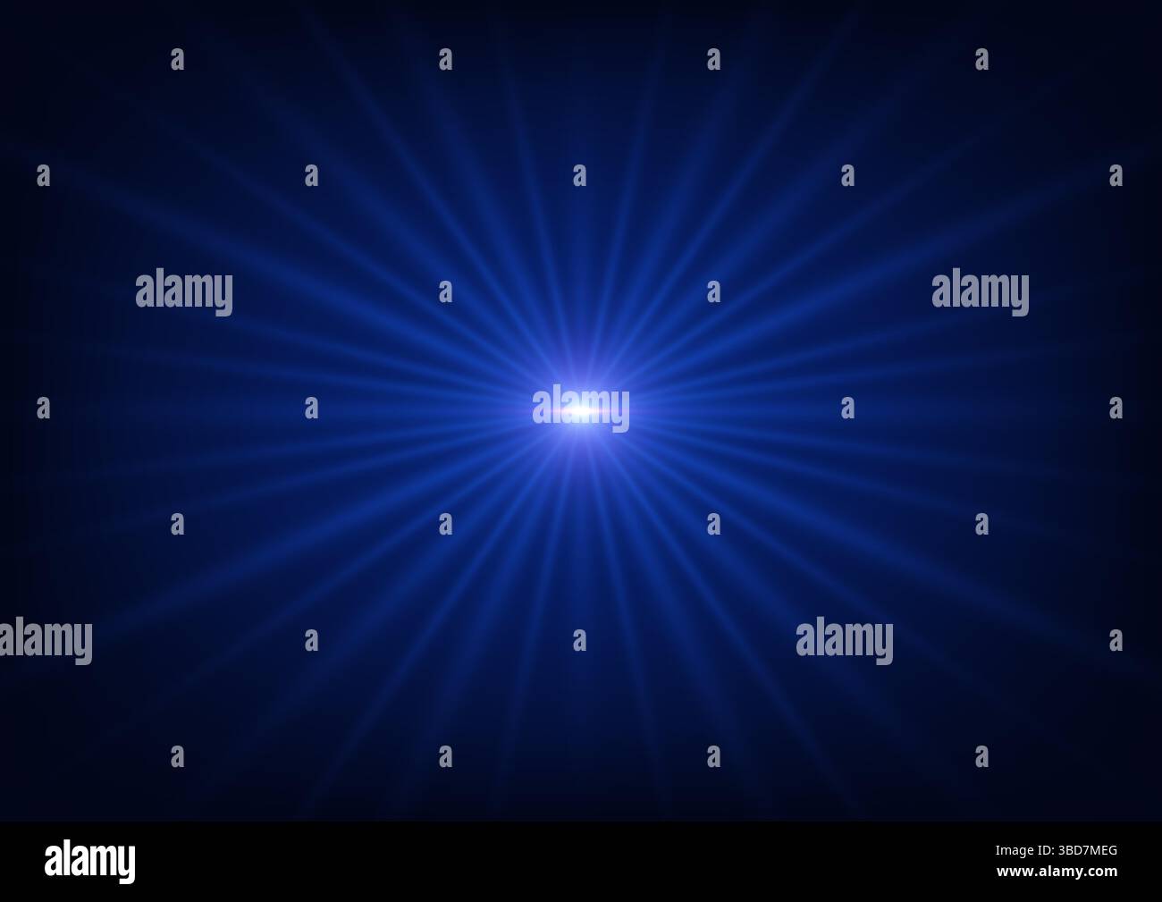 Bright central blue light source emits radiant beams against a dark ...