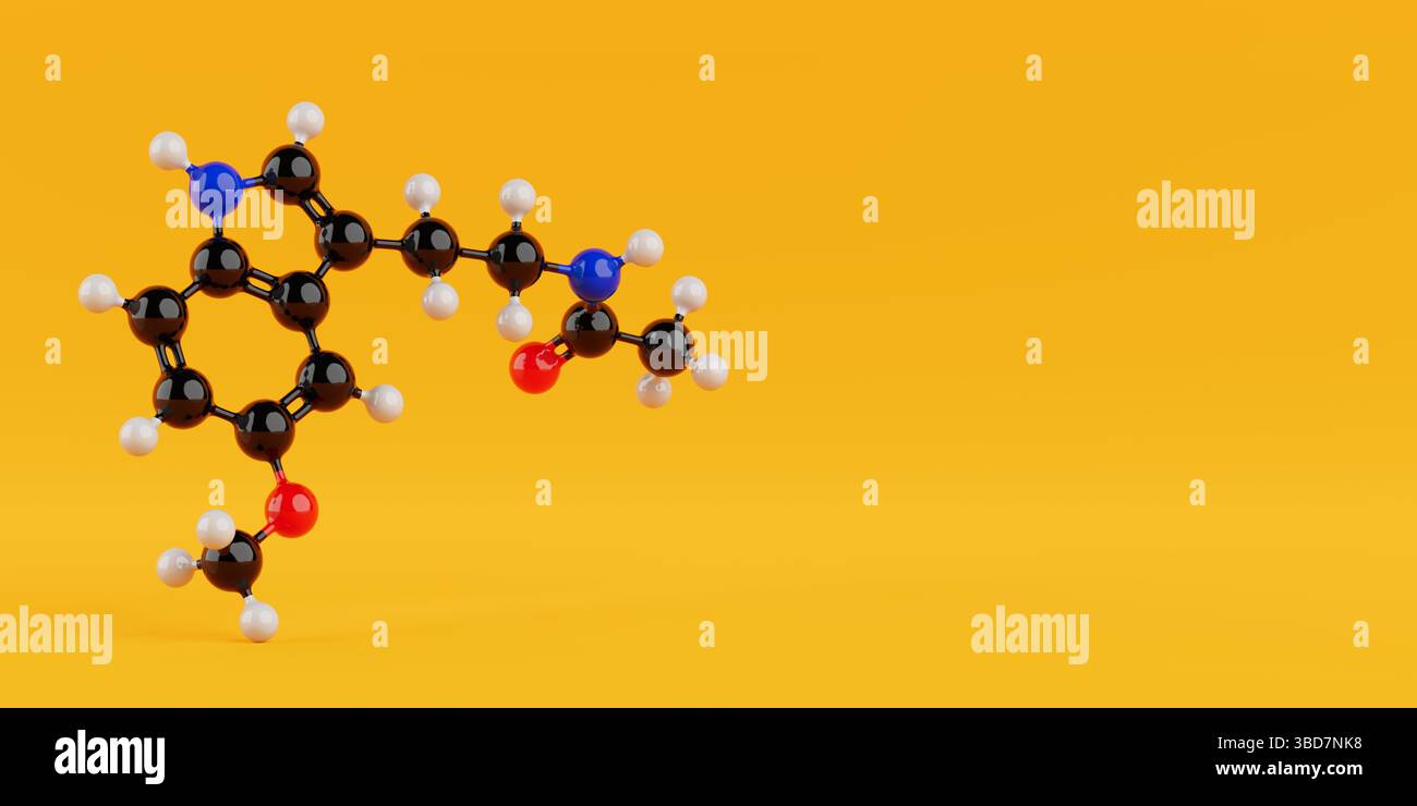 Chemical Science Concept. ColorfulMelatonine Molecular Structure Model With Atoms Connected By Bonds On Yellow Background. 3d Rendering Stock Photo