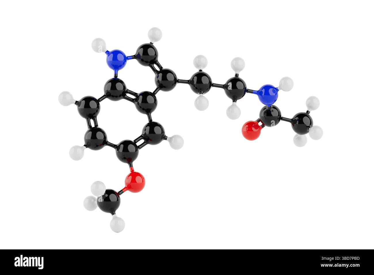 Chemical Science Concept. ColorfulMelatonine Molecular Structure Model With Atoms Connected By Bonds On White Background. 3d Rendering Stock Photo