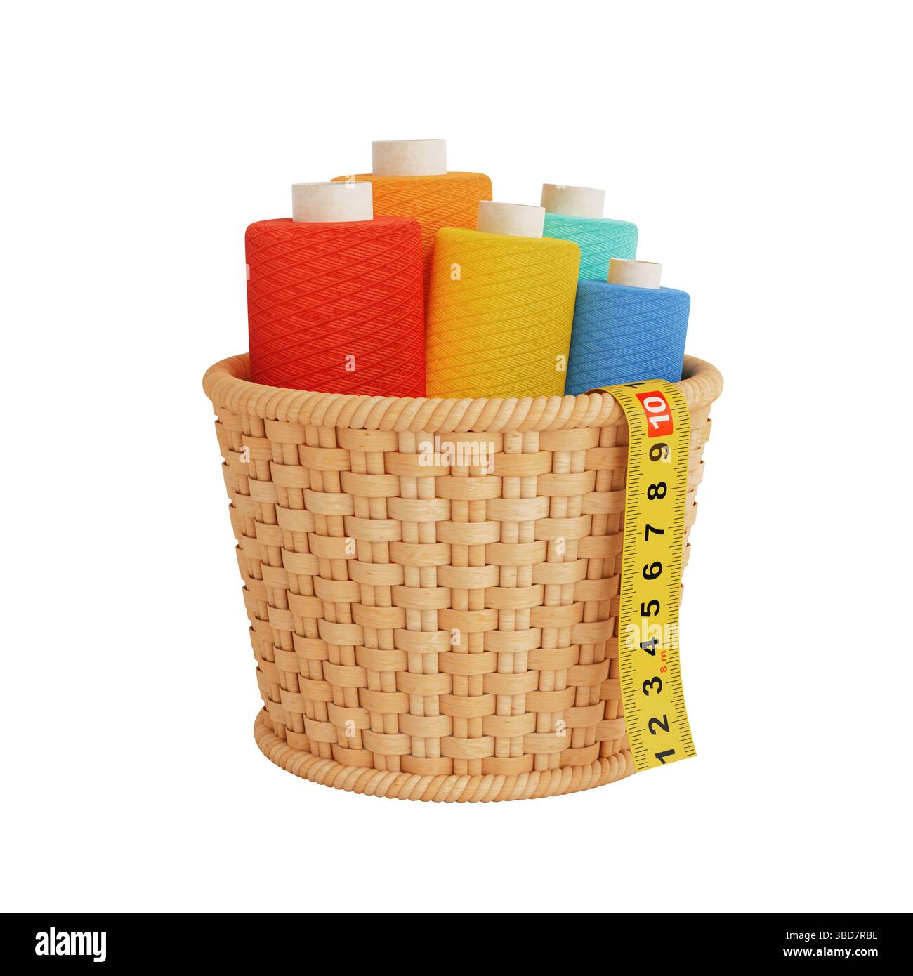Tailoring And Sewing Concept. Colorful Yarn Spools In Wicker Basket With Measuring Tape On White Background. 3d Rendering Stock Photo
