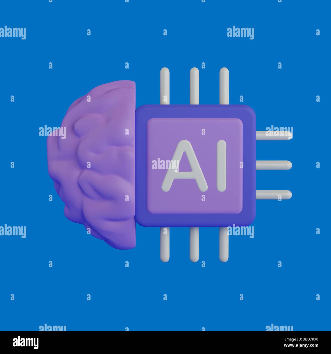 Artificial Intelligence Concept. Brain Connected To Microchip With AI Letters On Blue Background. 3d Rendering Stock Photo