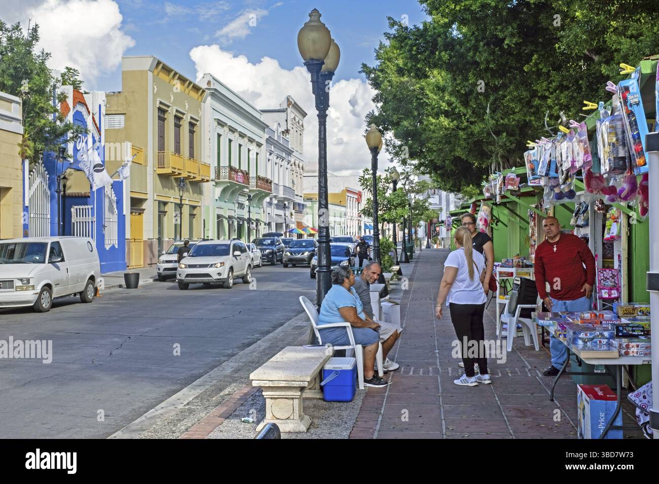 Spain Control Puerto Rico Street scene showing Spanish colonial houses and market stalls selling ...