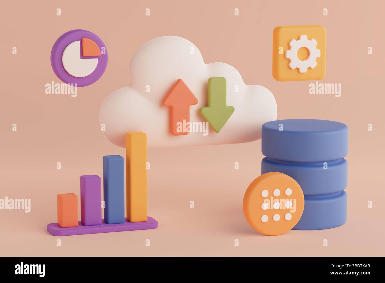 Cloud Computing And Data Analytics Concept. Colorful Charts, Cloud With Arrows, Database And Settings Icon On Orange Background. 3d Rendering Stock Photo