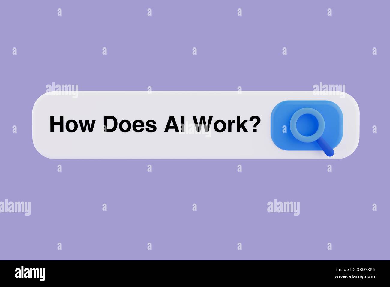 Artificial Intelligence Concept. 3D Search Bar With Text How Does AI Work? And Magnifying Glass Icon On Purple Background. 3d Rendering Stock Photo