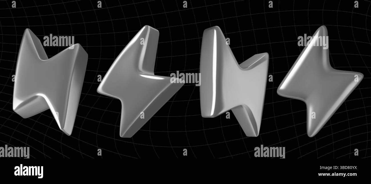 3d silver lightning bolts vector illustrations set on black background Stock Vector
