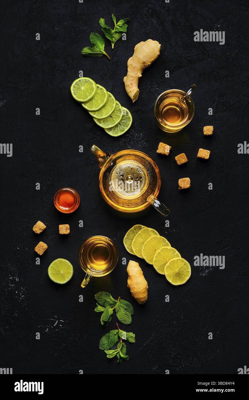 Composition with tonic drink with ginger, lemon, honey and mint Stock Photo